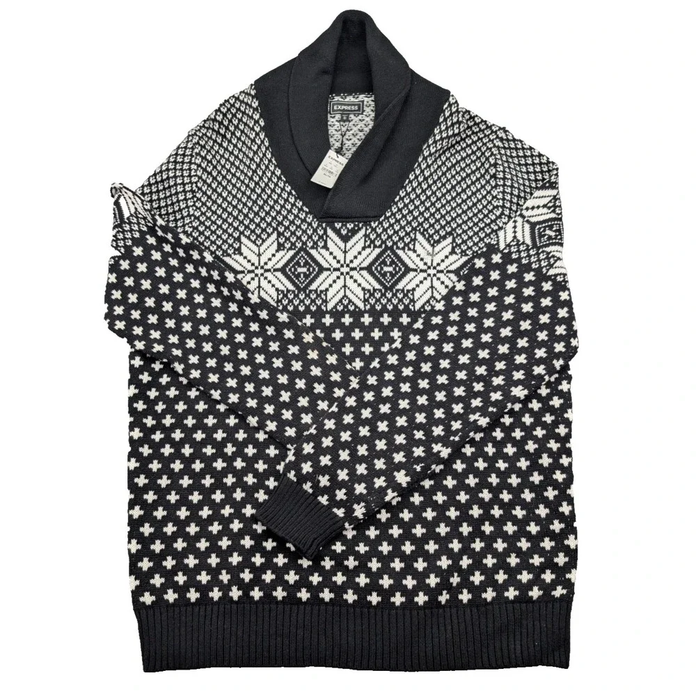 Express Sweater Mens XL Black White Fair Isle Tight Knit Shawl Collar Outdoor